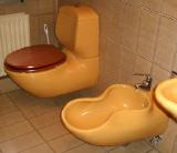 gebrauchte gelbe Toilette und Bidet