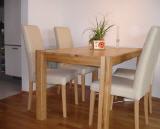 gebrauchter Tisch mit 4 weiße Leder Stühle