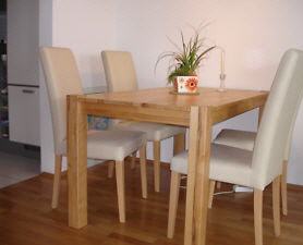 gebrauchter Tisch mit 4 weiße Leder Stühle